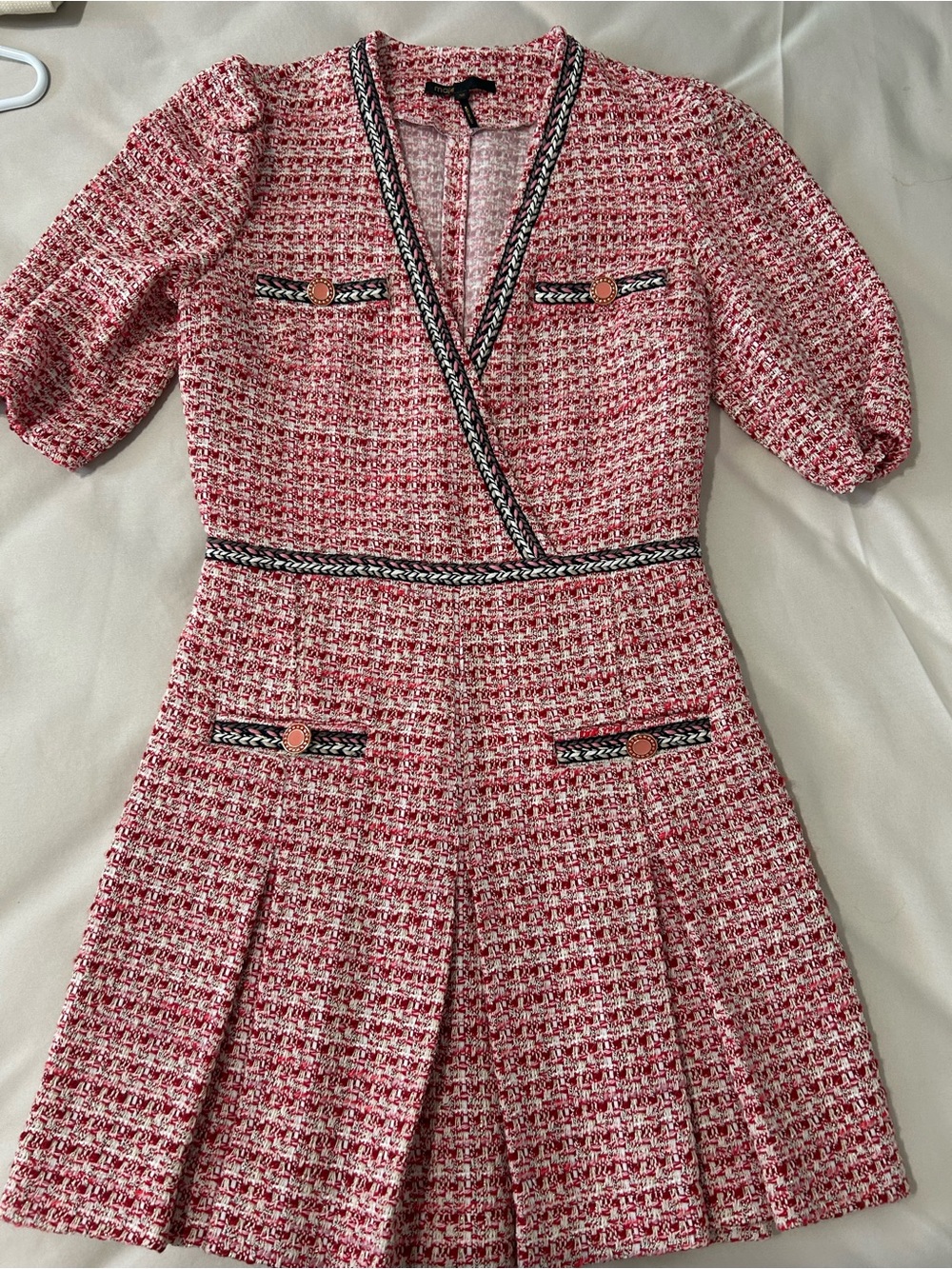 Maje Pink Tweed Braided-Trim Wrap Dress